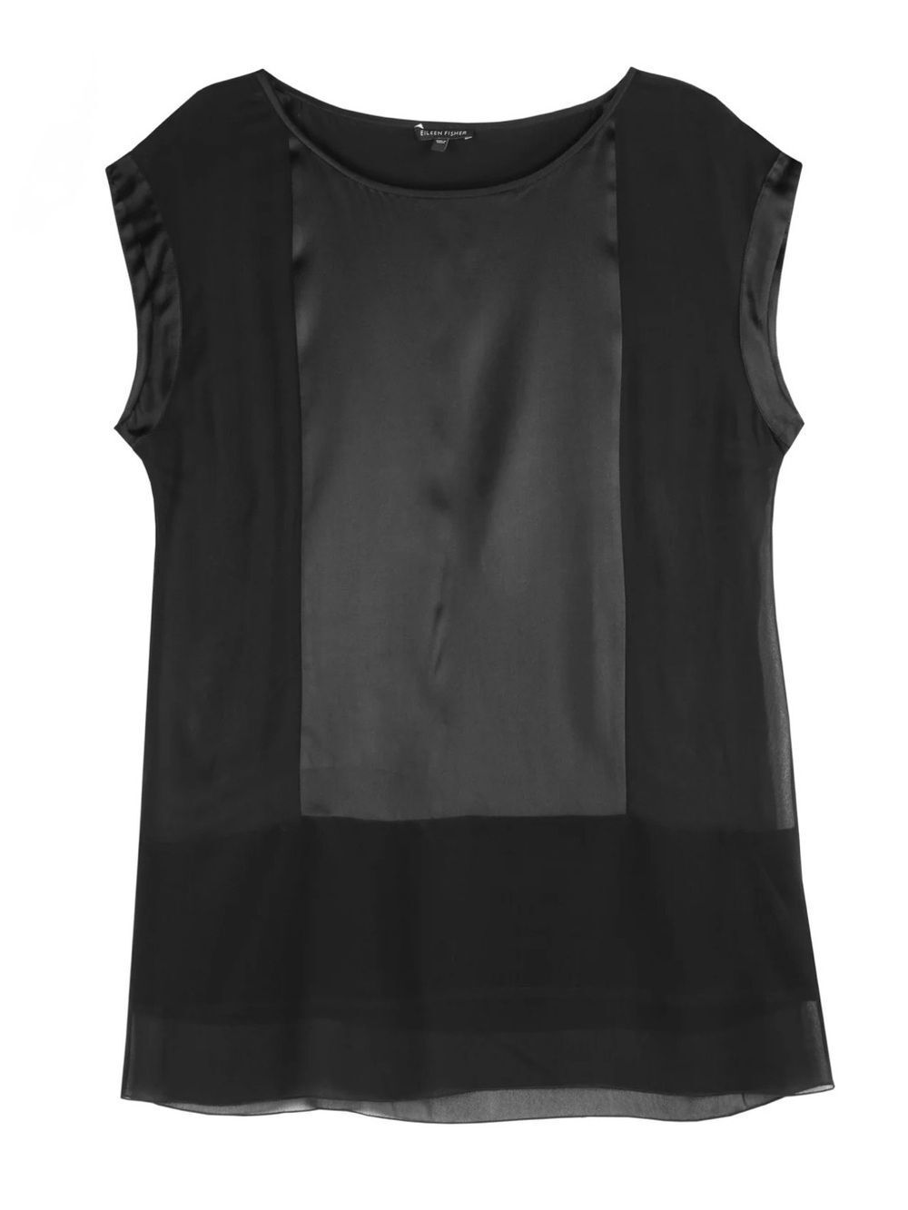 Eileen Fisher M Black blocked charmeuse silk sheer boat neck design tunic top